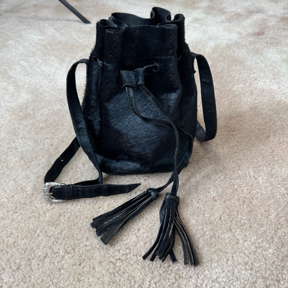 Sabrina Tach Drawstring Pouch Bucket Bag Black Silver Animal Print Cow Boho - Picture 5 of 13